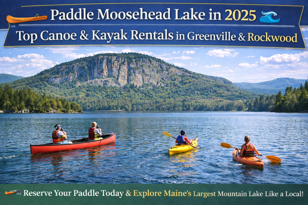 Canoes and kayaks paddling on Moosehead Lake in Rockwood, Maine with Mount Kineo cliffs and pine forest under bright blue summer sky