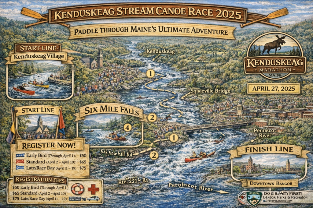 Illustrated map of the 2025 Kenduskeag Stream Canoe Race route from Kenduskeag Village to Downtown Bangor, highlighting Six Mile Falls, Penobscot River finish line, and scenic Maine Highlands river views.