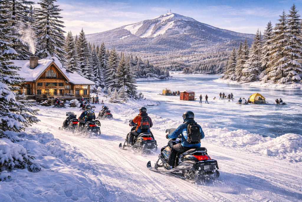 Winter landscape in Maine’s Kennebec Valley showing snow-covered forests, frozen river, and surrounding hills under clear winter skies.