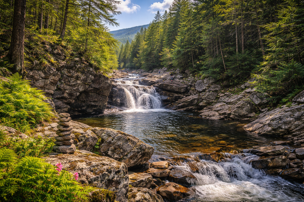 Gulf Hagas canyon in the Ki Jo-Mary Wilderness featuring rugged cliffs, waterfalls, dense forest, and the West Branch of the Pleasant River in Maine