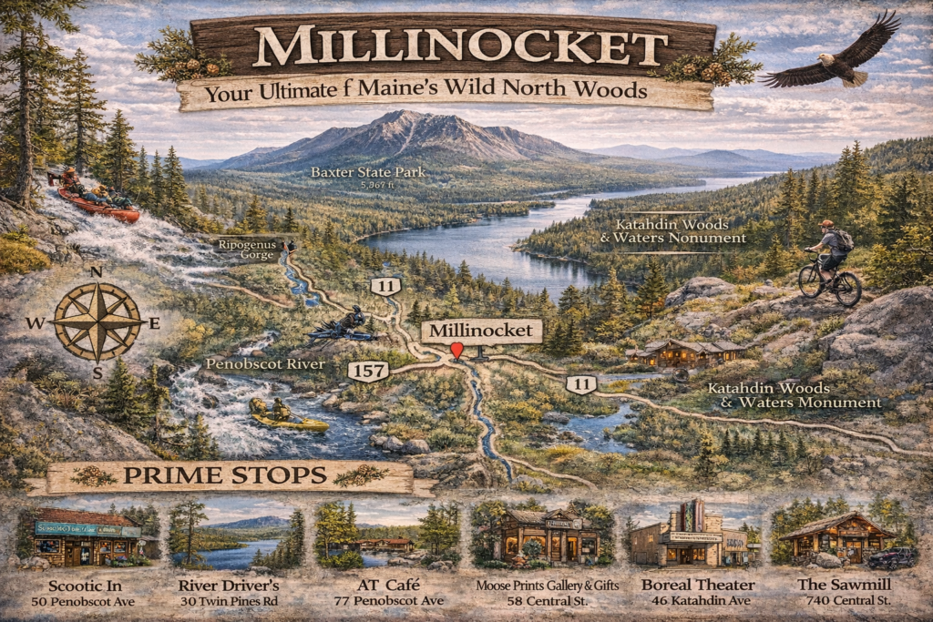 Illustrated scenic map of Millinocket, Maine highlighting Baxter State Park, Mount Katahdin, Katahdin Woods and Waters, Penobscot River, downtown Millinocket, and key outdoor adventure stops in the North Woods.