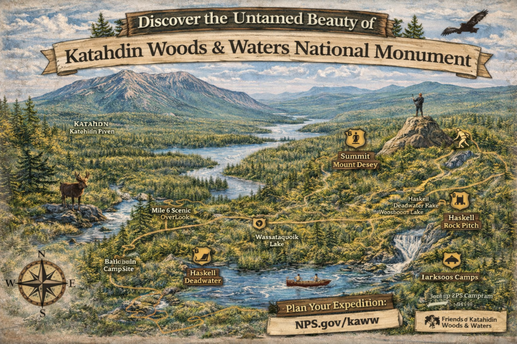 Illustrated map of Katahdin Woods and Waters National Monument in Maine showing Mount Katahdin, Loop Road, rivers, lakes, trails, and surrounding wilderness in vibrant natural colors.