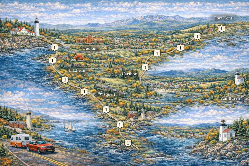 Detailed illustrated map of Maine Route 1 from Kittery to Fort Kent featuring coastal lighthouses, Portland Harbor, Camden and Rockland, Bar Harbor, Presque Isle farmland, Van Buren river valley, and northern Maine mountains in vibrant fall color.