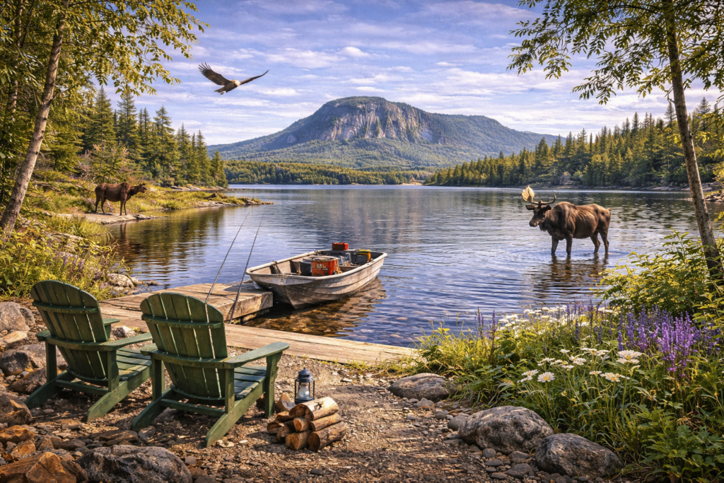 Wild moose standing in Moosehead Lake near Kokadjo, Maine, with Adirondack chairs, canoe, bald eagle overhead, and Big Spencer Mountain in spring wilderness scenery.