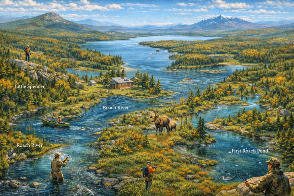 Scenic illustrated map of Kokadjo Maine featuring Roach River, First Roach Pond, Little Spencer Mountain, Moosehead Lake wilderness, moose, fishing, hiking, and North Woods forests.
