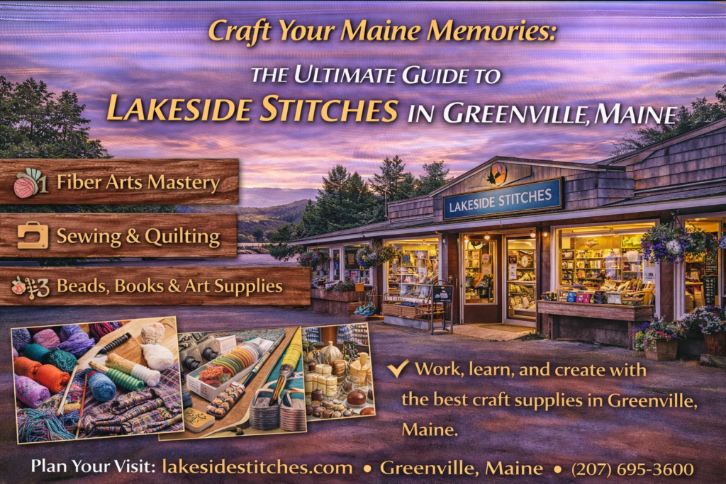 Interior of Lakeside Stitches in Greenville, featuring colorful yarns, fabric bolts, sewing supplies, and fiber art materials in a cozy creative studio.