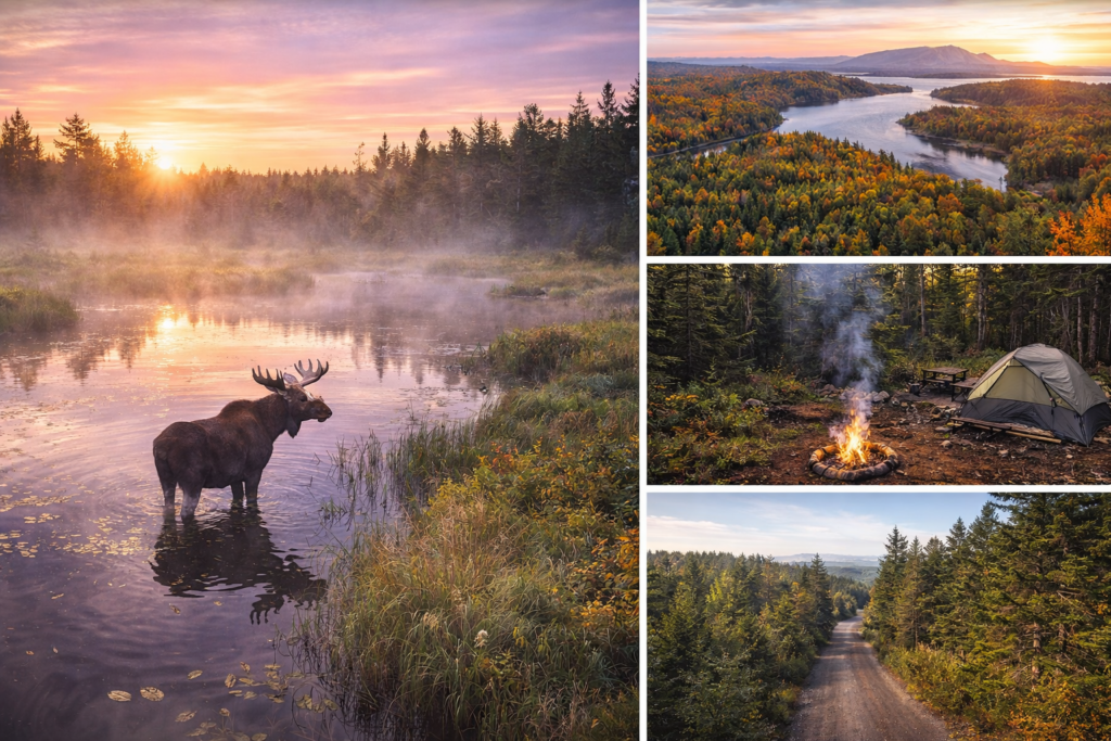Moose standing in misty wetland at sunrise in Lazy Tom Bog near Moosehead Lake, Maine, with autumn foliage, primitive campsite, and forest logging road in the North Woods.
