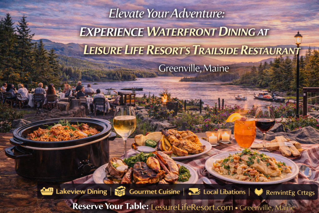 Waterfront dining at Trailside Restaurant at Leisure Life Resort in Greenville Maine with scenic lake views and rustic lodge atmosphere
