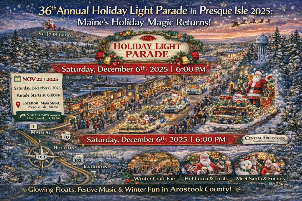 36th Annual Holiday Light Parade in Presque Isle Maine 2025 featuring illuminated floats on Main Street with festive winter map of Aroostook County.