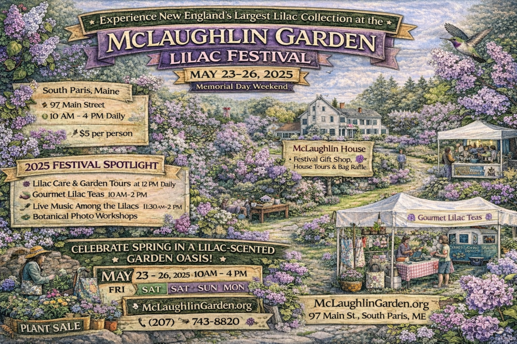 Illustrated promotional map of the 2025 McLaughlin Garden Lilac Festival in South Paris, Maine featuring blooming lilac gardens, historic McLaughlin House, plant sale tents, live music, gourmet lilac teas, and festival event details over Memorial Day weekend.