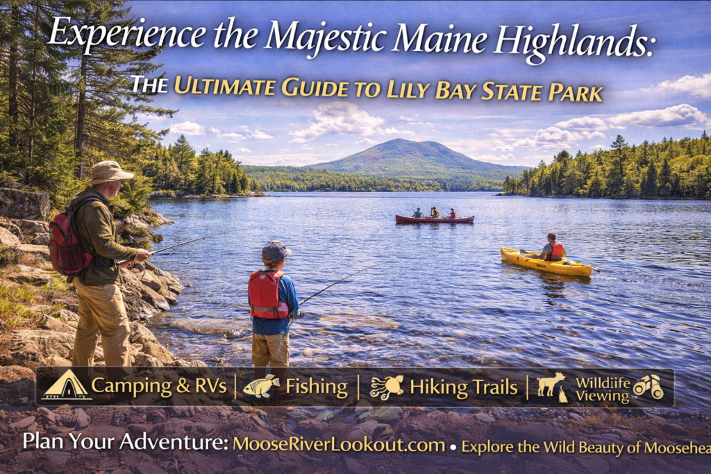 Lily Bay State Park on Moosehead Lake in Maine with calm shoreline, pine forest, clear water, and distant mountain views under natural summer light.