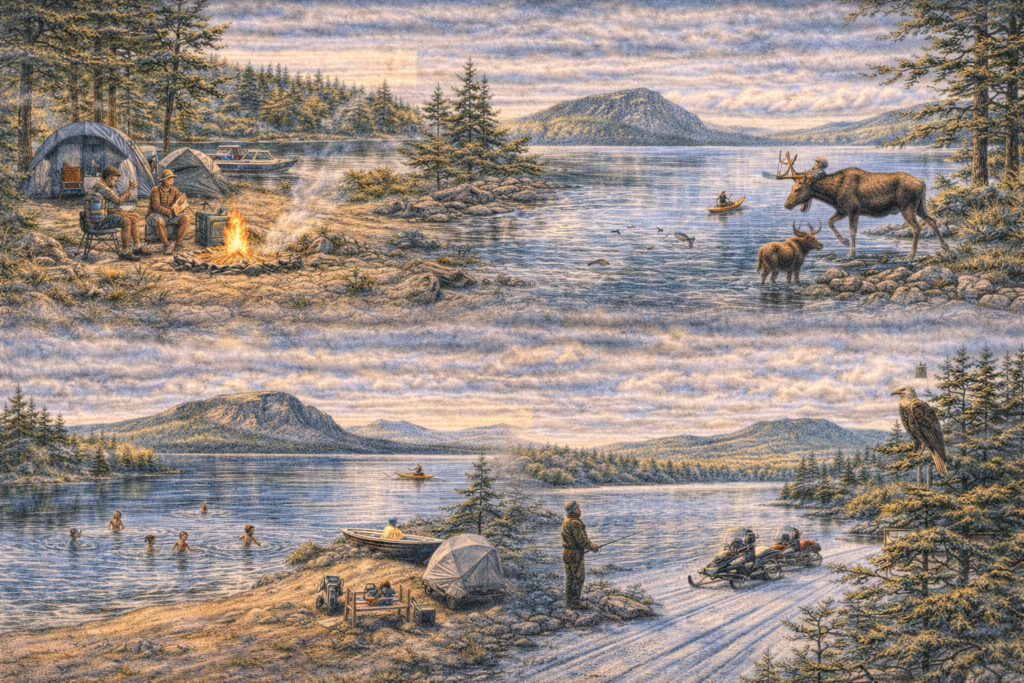 Aerial view of Lily Bay State Park on Moosehead Lake in Beaver Cove, Maine, showing sandy beach, forested shoreline, boat launch, campers, and mountain views under vibrant summer skies.