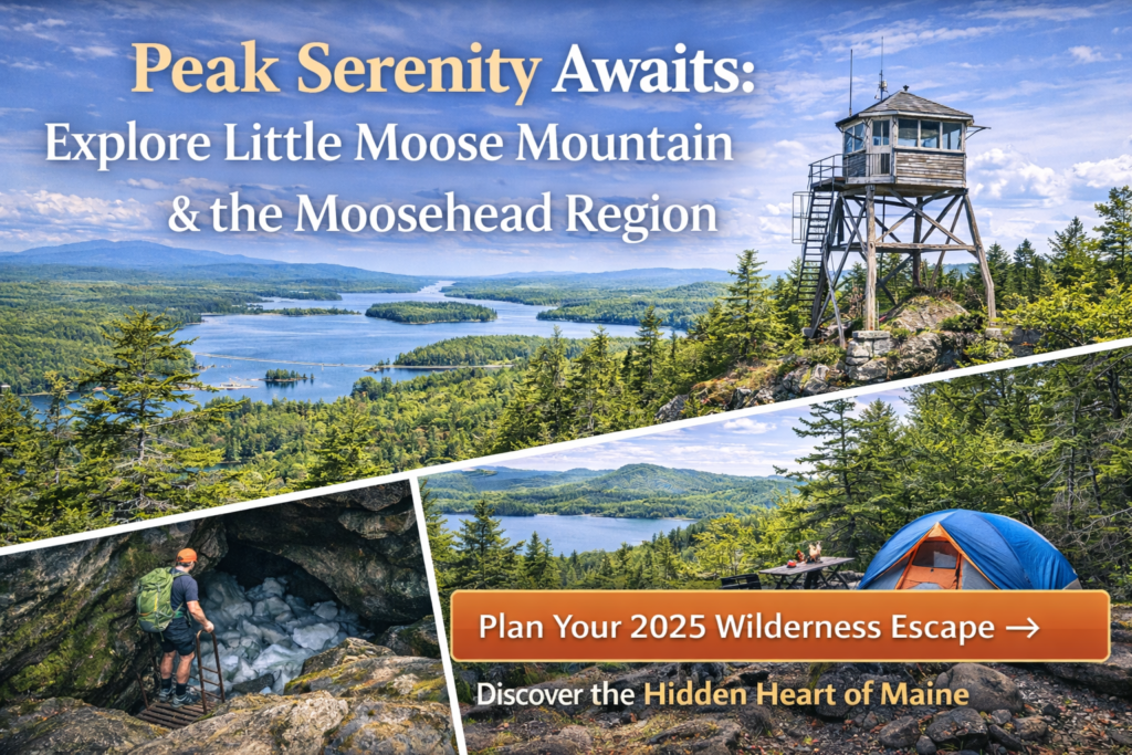 Scenic view from Little Moose Mountain fire tower overlooking Moosehead Lake with lush North Woods forest and summer blue skies in Piscataquis County, Maine.