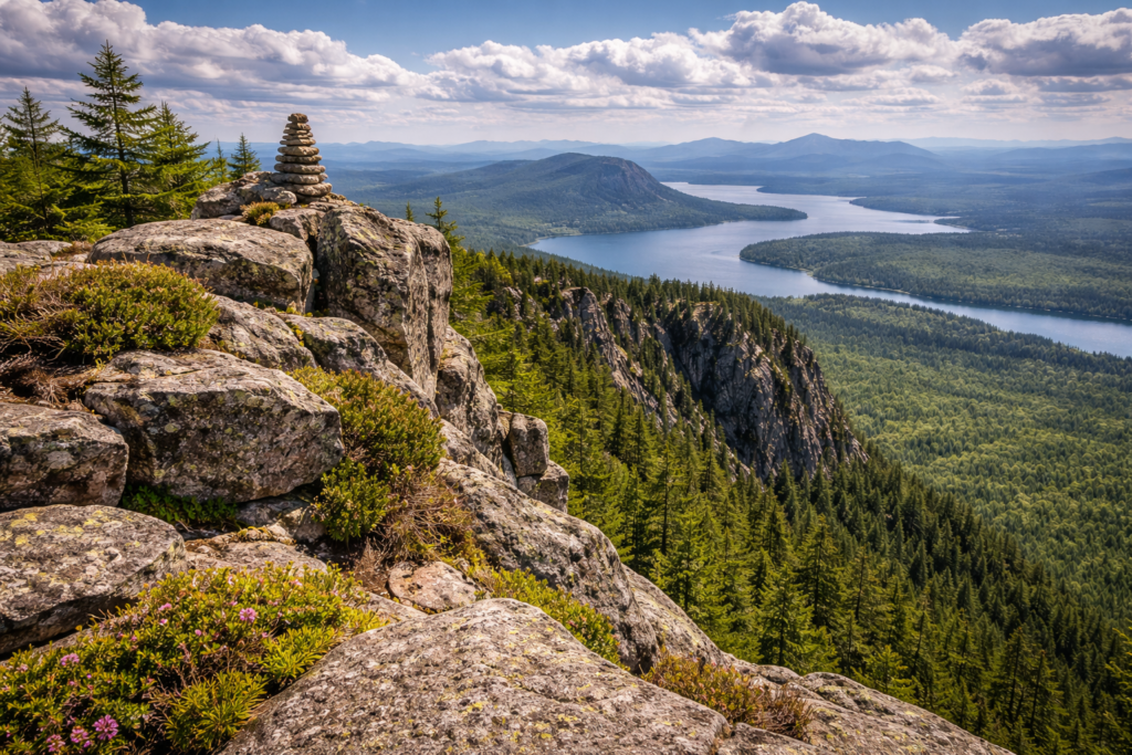 Panoramic view from Little Spencer Mountain near Rockwood Maine showing rugged granite summit, dense North Woods forest, and distant Moosehead Lake region under clear skies.