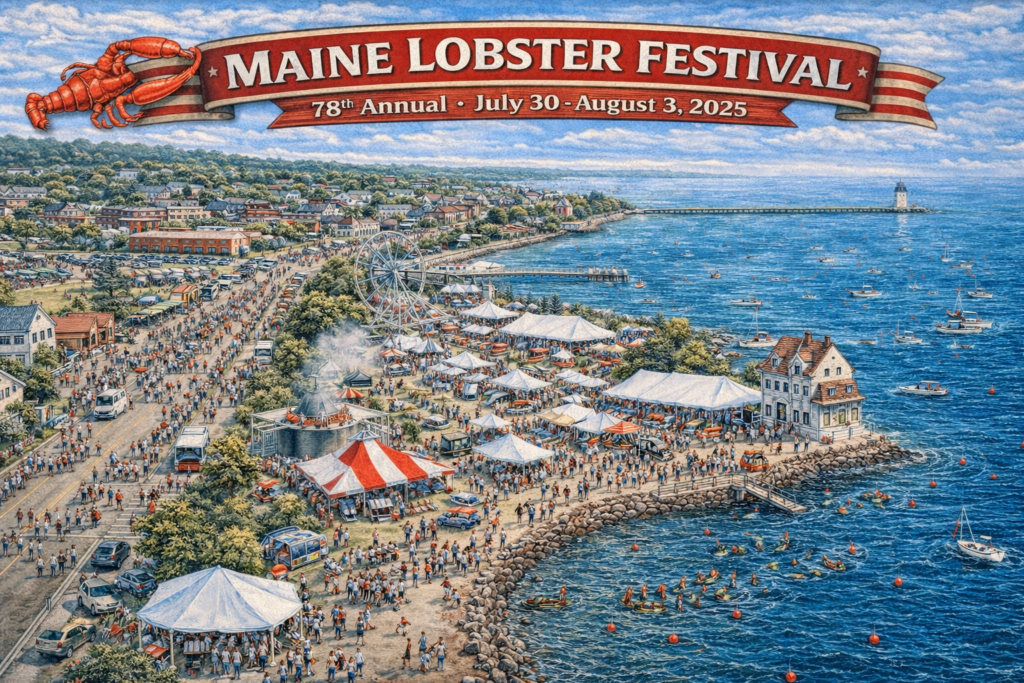 Aerial view of the 78th Maine Lobster Festival in Rockland, Maine, showing Harbor Park filled with tents, carnival rides, lobster cookers, parade crowds, and the Great Lobster Crate Race along Penobscot Bay.