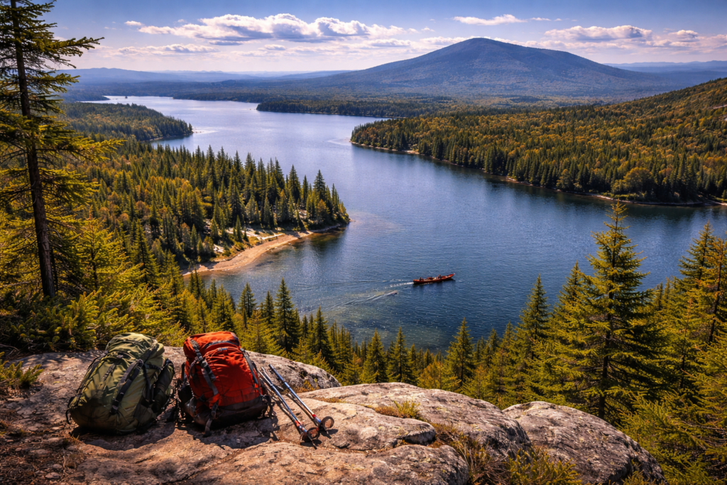 Panoramic view from Lobster Mountain overlooking Lobster Lake near Rockwood, Maine, with forested shoreline, calm water, and distant mountain peaks under a clear sky.