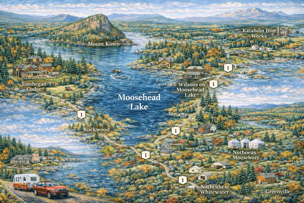 llustrated map of Moosehead Lake region in Maine featuring Greenville, Rockwood, Mount Kineo, Moose River, lakefront cabins, lodges, forested mountains, and vibrant North Woods scenery.