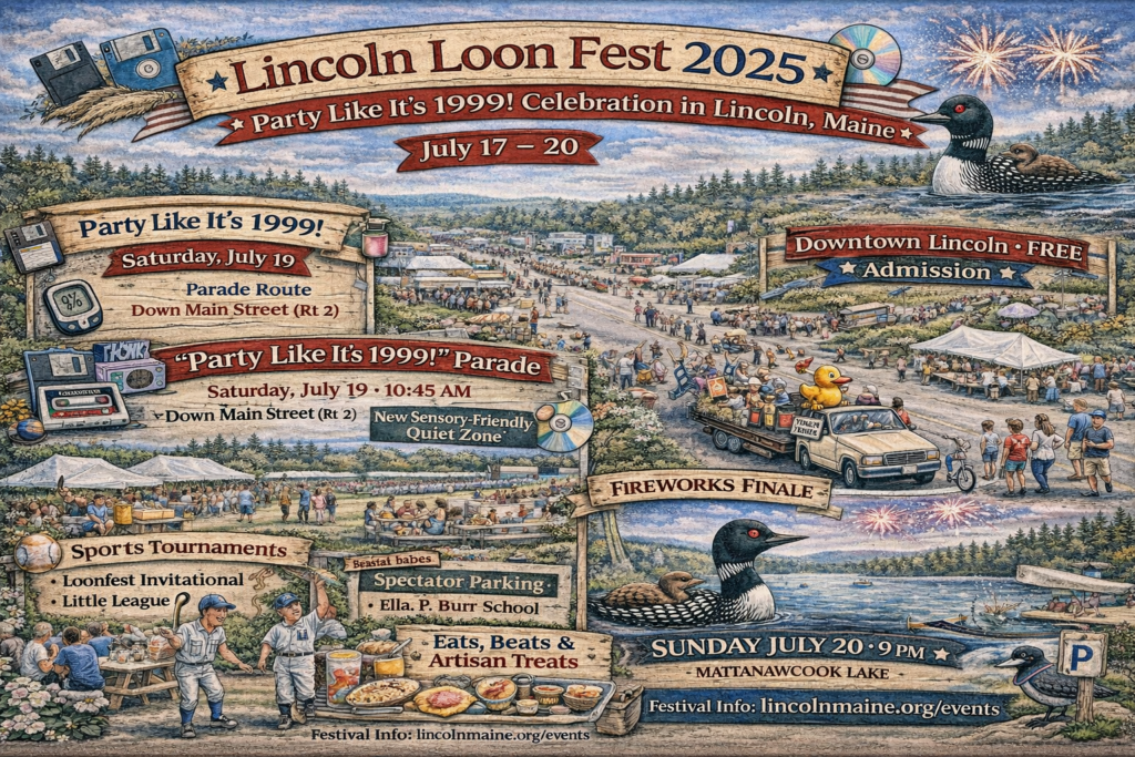 Illustrated 16:9 event map of the 2025 Lincoln Loon Festival in Lincoln, Maine, featuring Main Street parade route, Mattanawcook Lake fireworks, sports tournaments, vendor tents, and downtown festival locations.