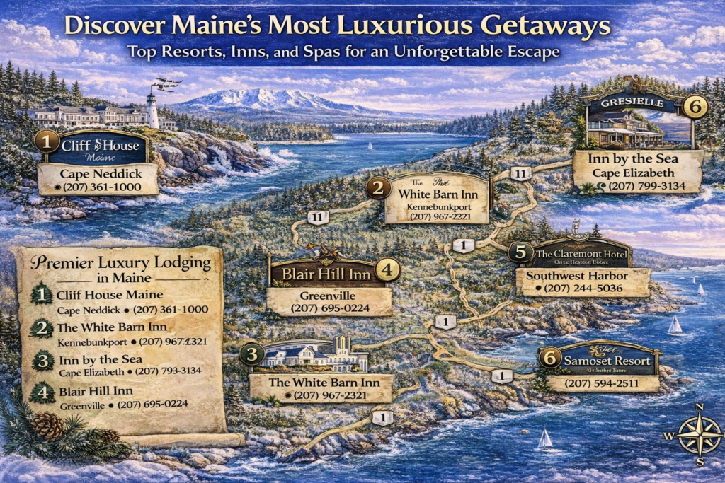 Illustrated map showcasing Maine’s most luxurious resorts, inns, and spa retreats along the coast, Moosehead Lake, and scenic inland destinations.