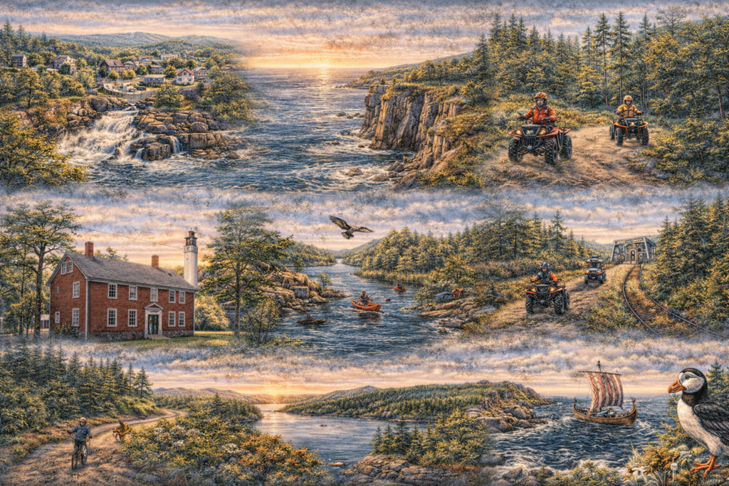 Illustrated 16:9 scenic map of Machias, Maine featuring the Machias River, Bold Coast cliffs, Sunrise Trail, Burnham Tavern, Bad Little Falls, and surrounding Downeast forests in vibrant natural colors.