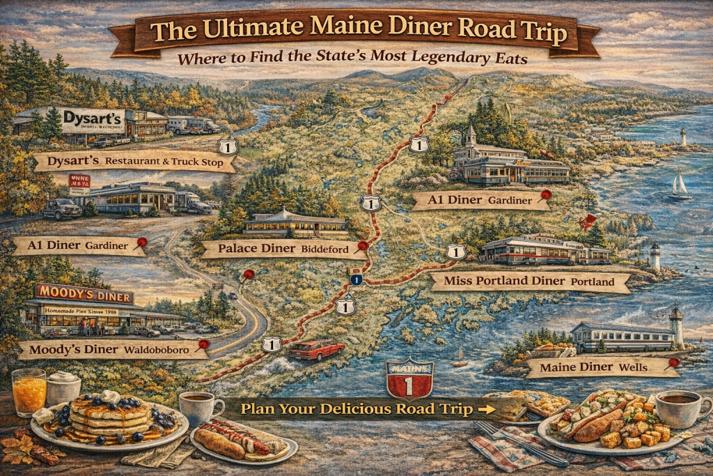 Illustrated 16:9 map of The Ultimate Maine Diner Road Trip featuring Moody’s Diner in Waldoboro, Palace Diner in Biddeford, A1 Diner in Gardiner, Miss Portland Diner in Portland, Maine Diner in Wells, and Dysart’s in Bangor with scenic coastal and forest landscapes.