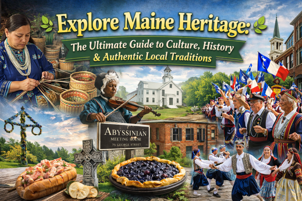 Collage of Maine heritage featuring Wabanaki basket weaving, Acadian festival dancers, Abyssinian Meeting House in Portland, historic New England church, Maine Irish and Greek cultural celebrations, and traditional Maine foods.