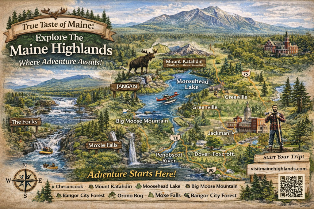 Illustrated map of the Maine Highlands showing Moosehead Lake, Mount Katahdin, Bangor, rivers, mountains, and outdoor adventure highlights in northern Maine