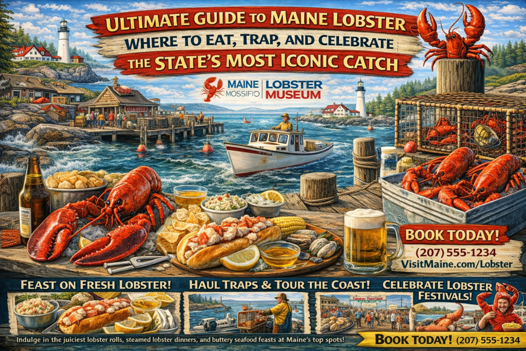 Vibrant 16:9 promotional illustration of Maine lobster tourism featuring a coastal lighthouse, working lobster boat hauling traps, waterfront lobster shack, fresh lobster roll and steamed lobster dinner, lobster traps on a dock, and scenic Maine harbor views.