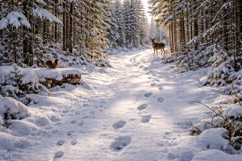Snow-covered forest in the North Maine Woods with pristine winter trails, evergreen trees, and fresh wildlife tracks under a clear Maine winter sky.