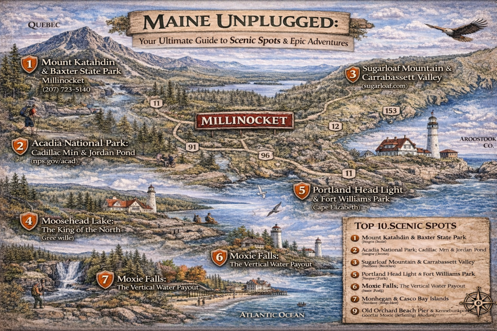 Illustrated map of Maine highlighting iconic scenic destinations including Mount Katahdin, Acadia National Park, Moosehead Lake, Moxie Falls, the Maine coast, and major adventure regions.