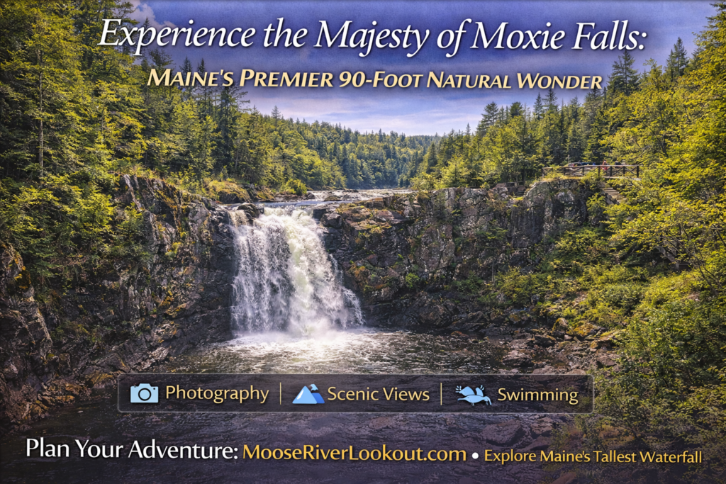 Moxie Falls near The Forks, Maine, plunging nearly 90 feet into emerald pools, surrounded by forest in the Maine Highlands