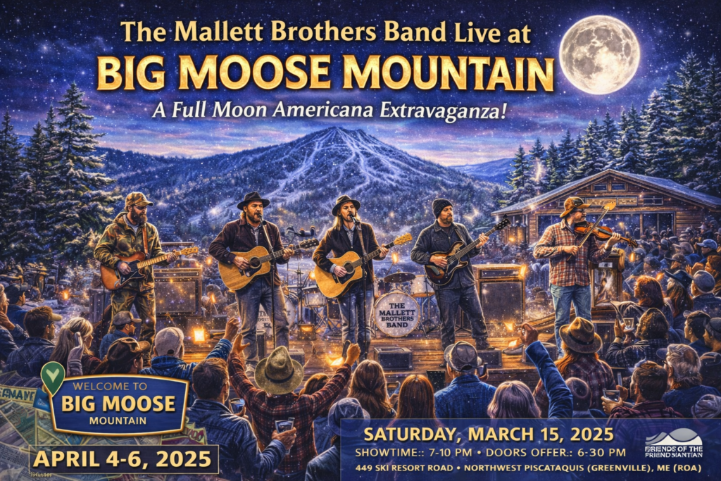 The Mallett Brothers Band performing live under a full moon at Big Moose Mountain Ski Area with a cheering crowd, snowy slopes, and the Maine Highlands in the background during a winter concert event.