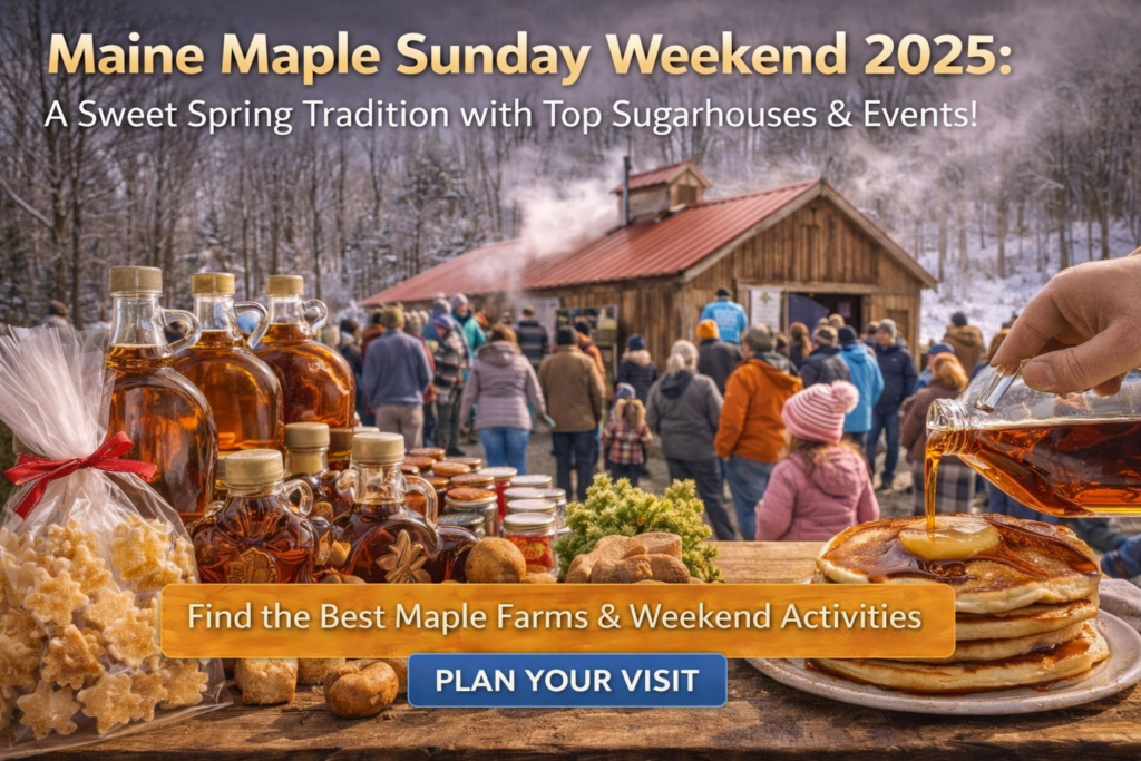 Maine Maple Sunday Weekend celebration with families visiting a sugarhouse, maple syrup boiling outdoors, steam rising from evaporators, and springtime Maine forest scenery.