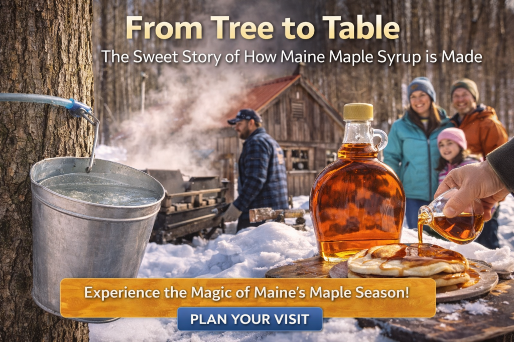Maine maple syrup production showing sap being collected from sugar maple trees and boiled in a traditional sugarhouse surrounded by snowy Maine forest