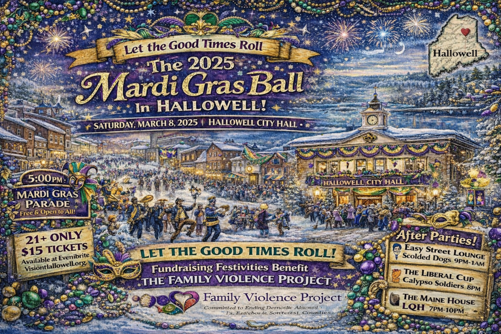 Illustrated Mardi Gras event map of the 2025 Hallowell Mardi Gras Ball at Hallowell City Hall in Hallowell showing a festive costume parade on Water Street, live music, masked dancers, after-parties, and colorful New Orleans–style decorations along the Kennebec River.
