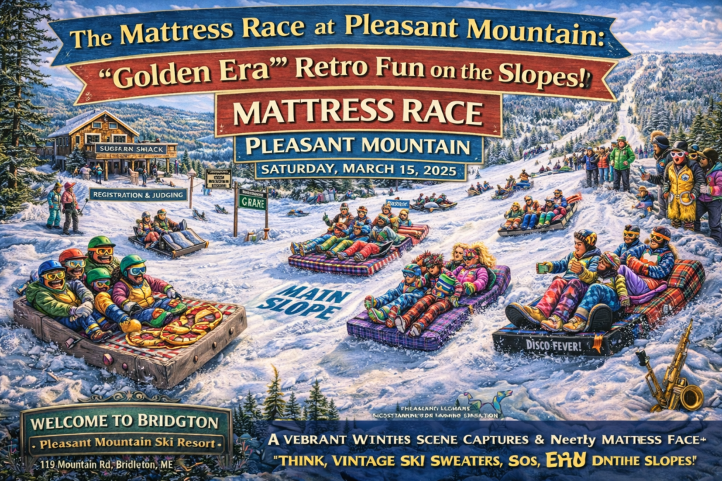 Mattress Race at Pleasant Mountain in Bridgton Maine featuring teams racing retro-themed mattresses down the snowy main slope during the 2025 Golden Era winter event
