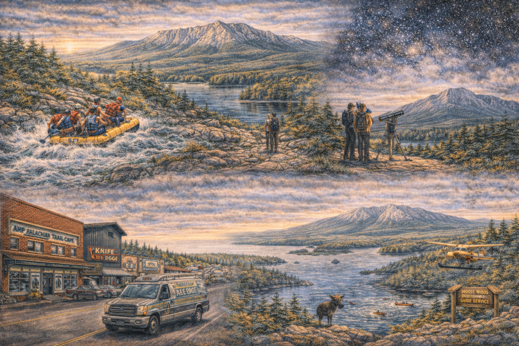 Illustrated 16:9 map of Millinocket Maine featuring Mount Katahdin, Baxter State Park, Katahdin Woods and Waters, the Penobscot River, and surrounding North Woods wilderness in vibrant natural colors.