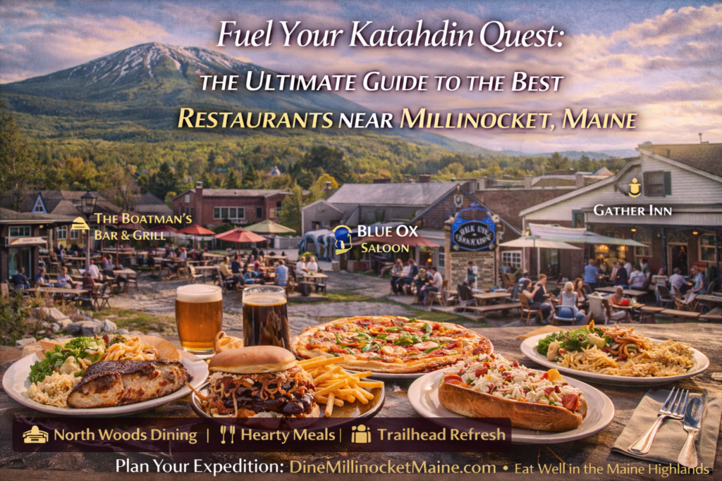 Restaurants in Millinocket Maine near Mount Katahdin featuring local dining spots, seafood, pizza, and pubs close to Baxter State Park.
