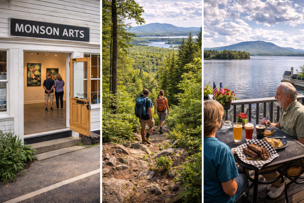 Scenic summer view of Monson, Maine with forested hills, clear water, and small-town charm near the Appalachian Trail