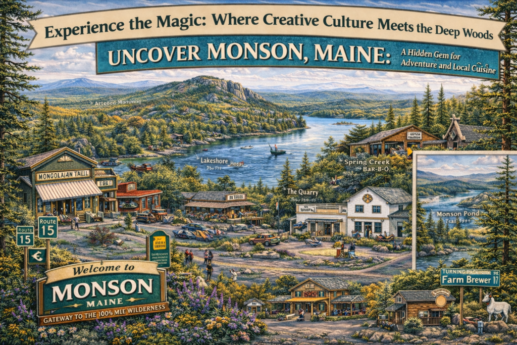 Illustrated map of Monson showing Monson Pond, forested mountains, hiking trails into the 100-Mile Wilderness, and local landmarks including Monson General Store and The Lakeshore House surrounded by deep woods scenery.