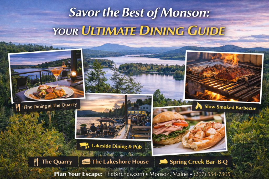 A cozy dining scene in Monson, Maine featuring local restaurants, lakeside eateries, and rustic New England charm in the Maine Highlands.