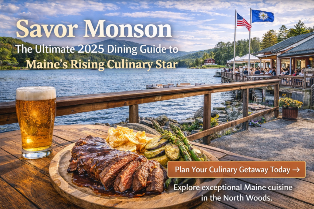 Vibrant summer view of downtown Monson, Maine with Lake Hebron, historic buildings, outdoor dining, and forested North Woods scenery in the Maine Highlands.