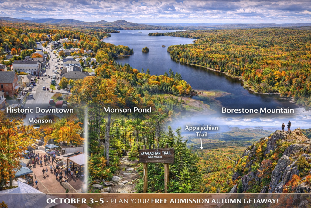 Scenic view of Monson, Maine featuring Monson Pond, forested Maine Highlands mountains, Appalachian Trail access, and historic downtown buildings in vibrant autumn colors.