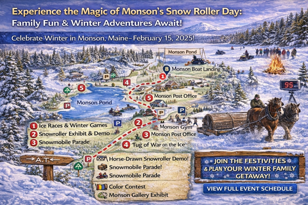 Illustrated winter map of Monson, Maine showing Snow Roller Day events, ice races, bonfire, snowmobiling routes, and family-friendly winter activities surrounded by snowy forests and lakes.
