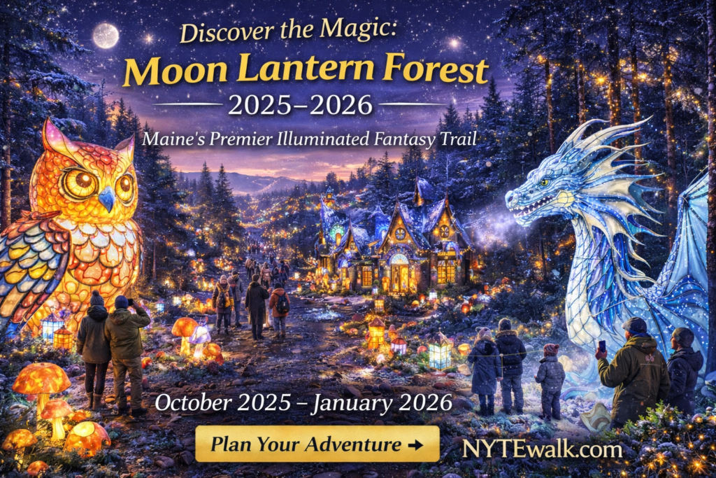 Moon Lantern Forest 2025–2026 at NYTE Walk in Lebanon, Maine featuring glowing lantern sculptures, illuminated fantasy creatures, enchanted forest trail, and families exploring Maine’s premier holiday light experience.