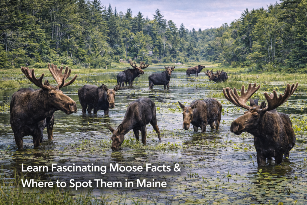 Multiple moose gathered in a marsh near Moosehead Lake, Maine, feeding in shallow water with forested mountains in the background