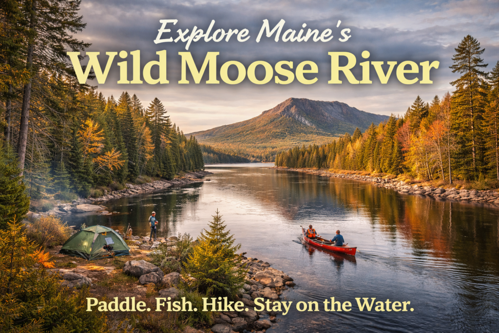 Canoe paddlers and a fisherman along Maine’s Moose River at sunset with Mount Kineo and fall foliage near Moosehead Lake in Rockwood.