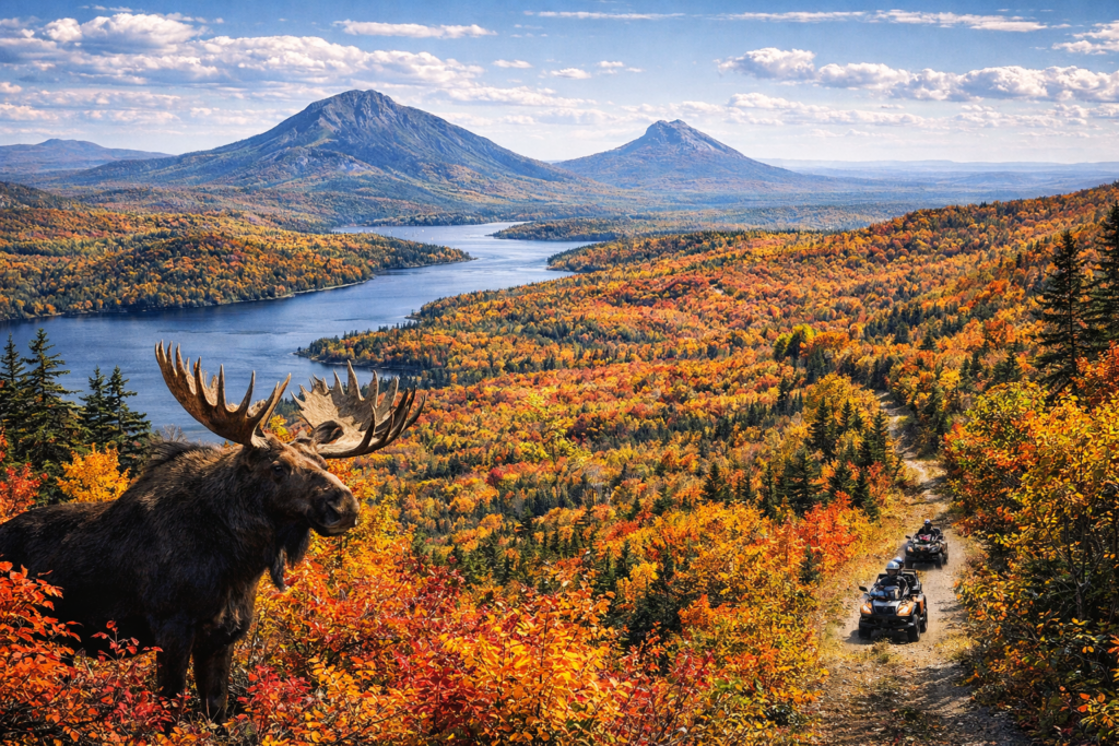 Autumn foliage along the Moose River near Jackman Maine with vibrant fall colors, forested mountains, and winding wilderness river in the Maine Highlands