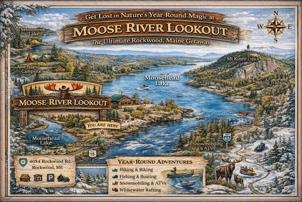 llustrated map showing the location of Moose River Lookout in Rockwood, Maine, near Moosehead Lake, Mount Kineo, ITS 66 trails, and the Moose River surrounded by North Woods scenery.