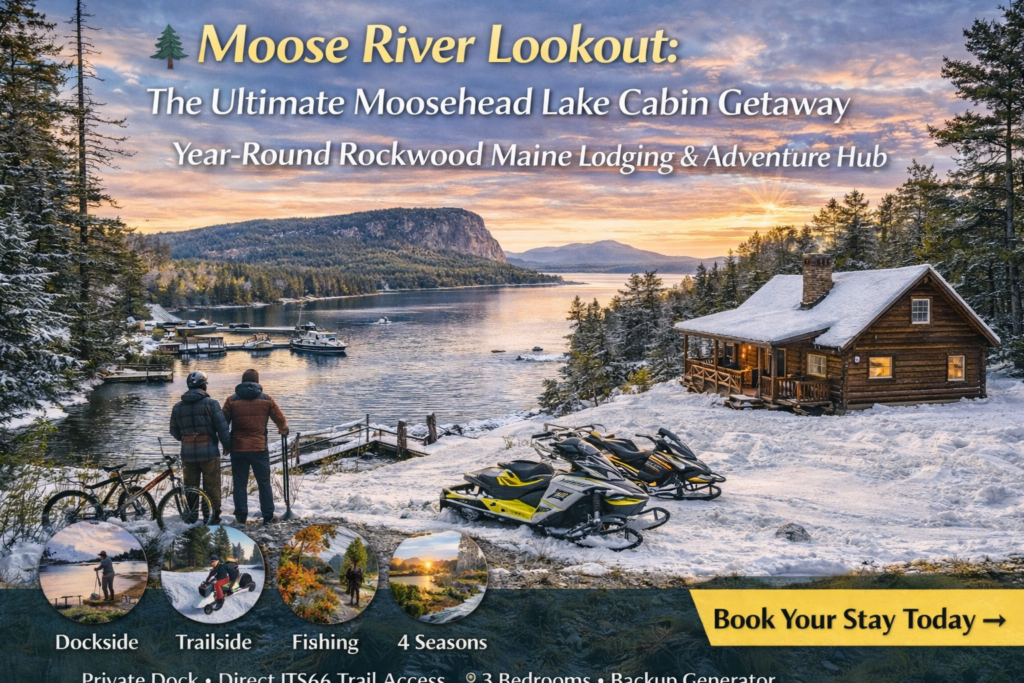 Moose River Lookout cabin in Rockwood Maine overlooking Moosehead Lake and Mount Kineo at sunset with private dock and snowmobile trail access.